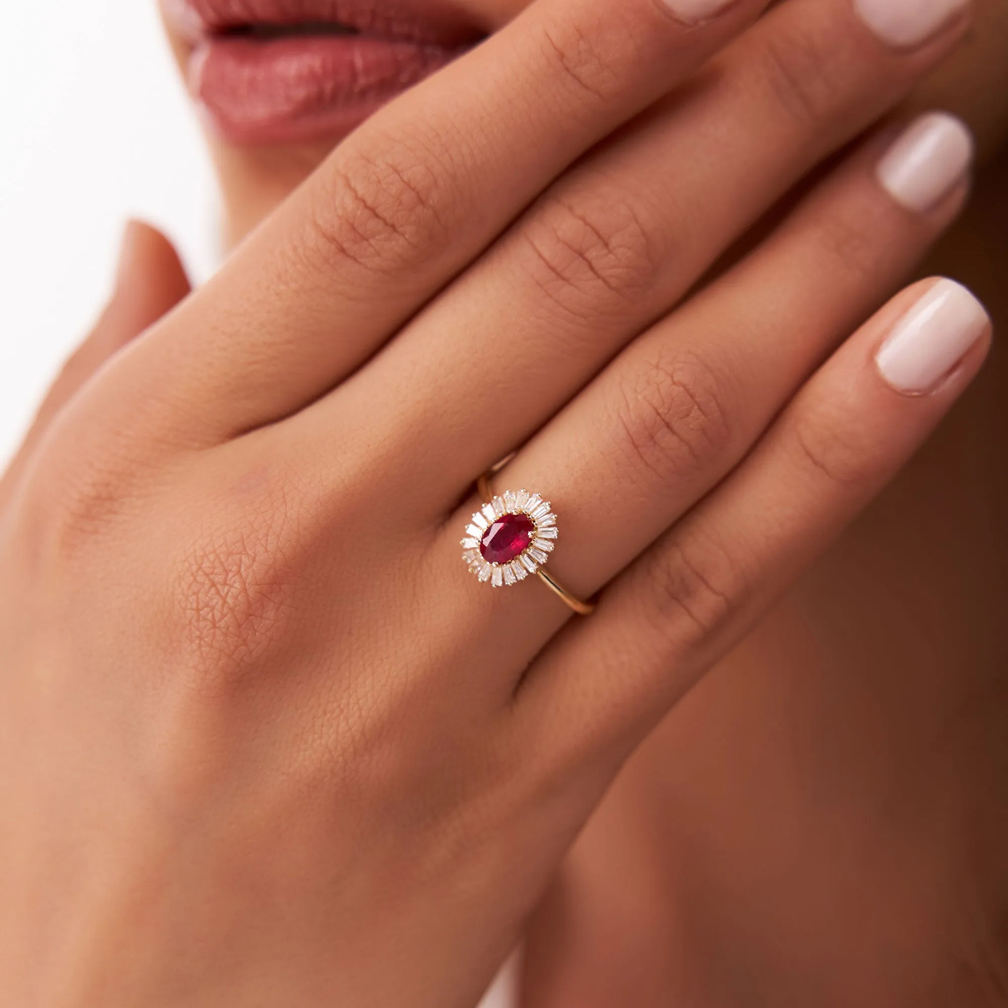 14k Baguette Diamond Ballerina Oval Ruby Ring