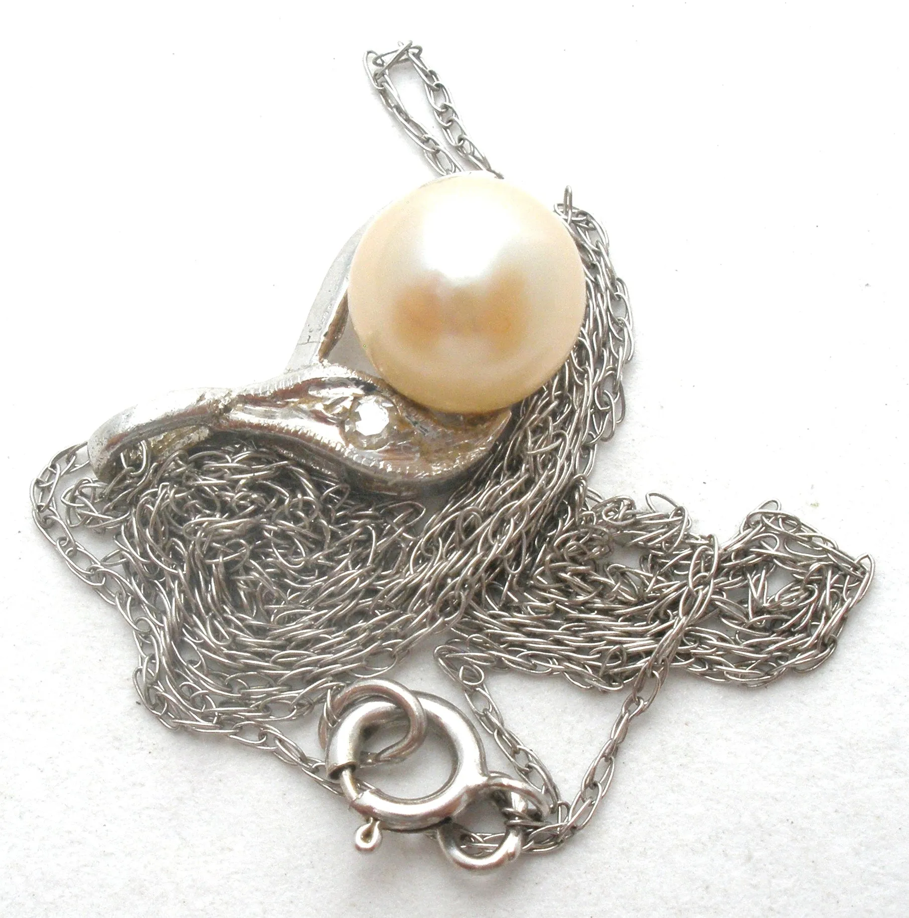 14K White Gold Pearl & Diamond Necklace 18"