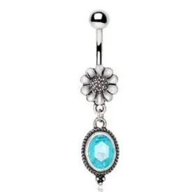 316L Stainless Steel Flower and Aqua Pendant Dangle Navel Ring