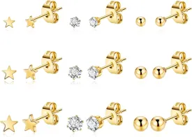 9Pairs 20G 316L Stainless Steel Stud Earrings Set for Women Tiny Stud Earrings Star Ball CZ Stud Earrings Cartilage Helix Tragus Stud Earrings for Multiple Piercing