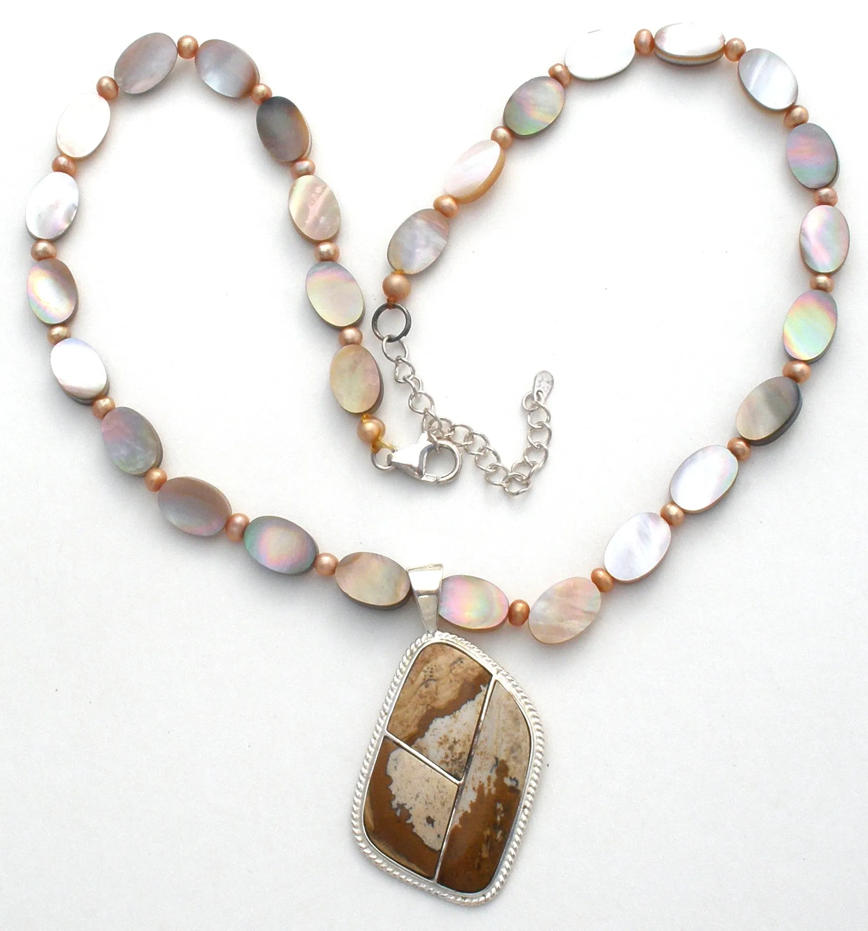 Abalone, Pearl & Jasper Bead Pendant Necklace