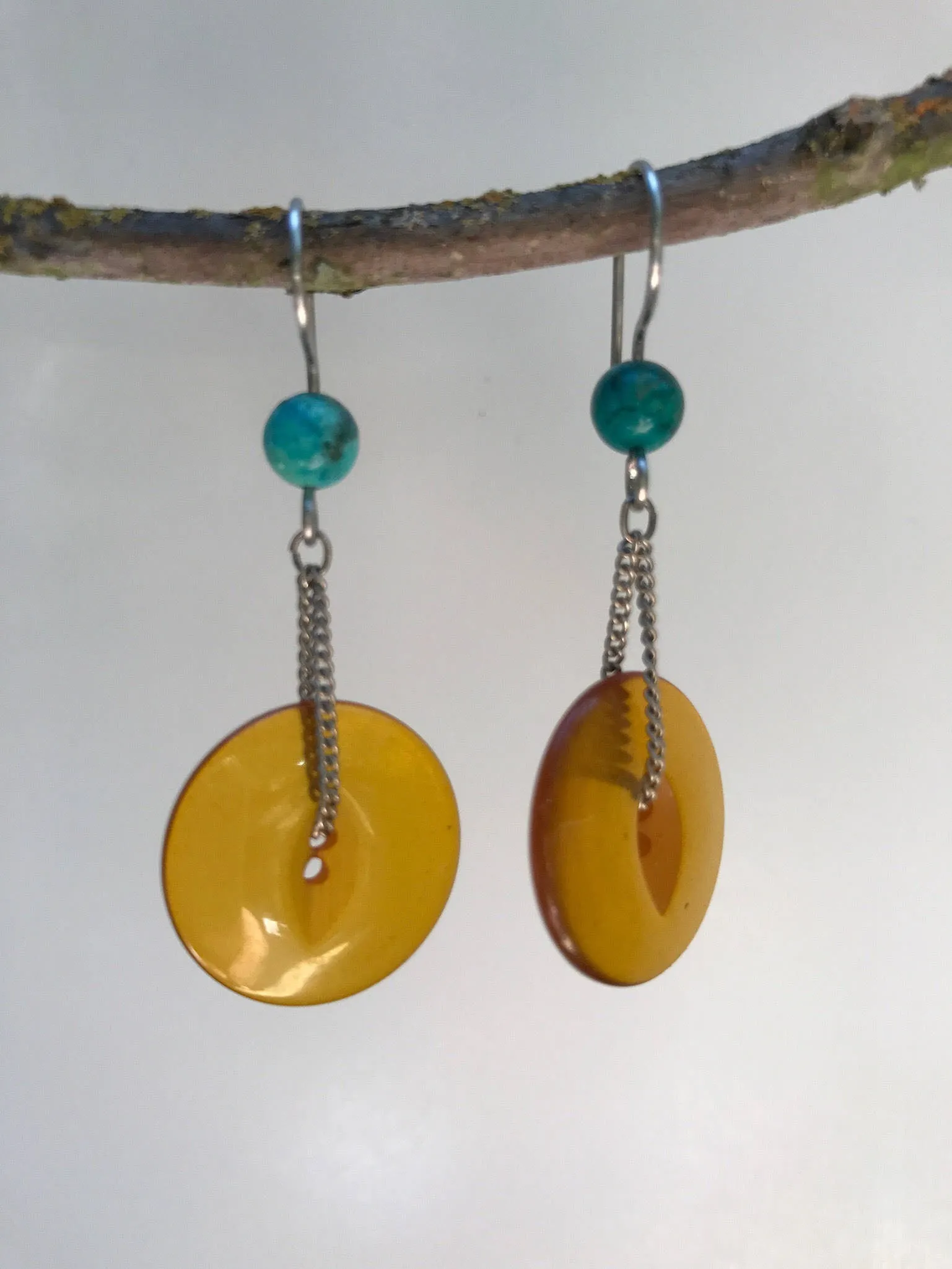 Amber Bakelite Button Earrings, Vintage Buttons, Turquoise Beads, Silver Chain, Hand Made French Hook Ear Wires, Dangle Drop Earrings BTE350