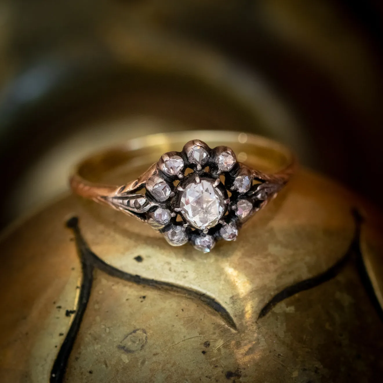Antique Georgian 0.70Ct Rose Cut Diamond Cluster Ring 18Ct Gold Silver Circa 1800