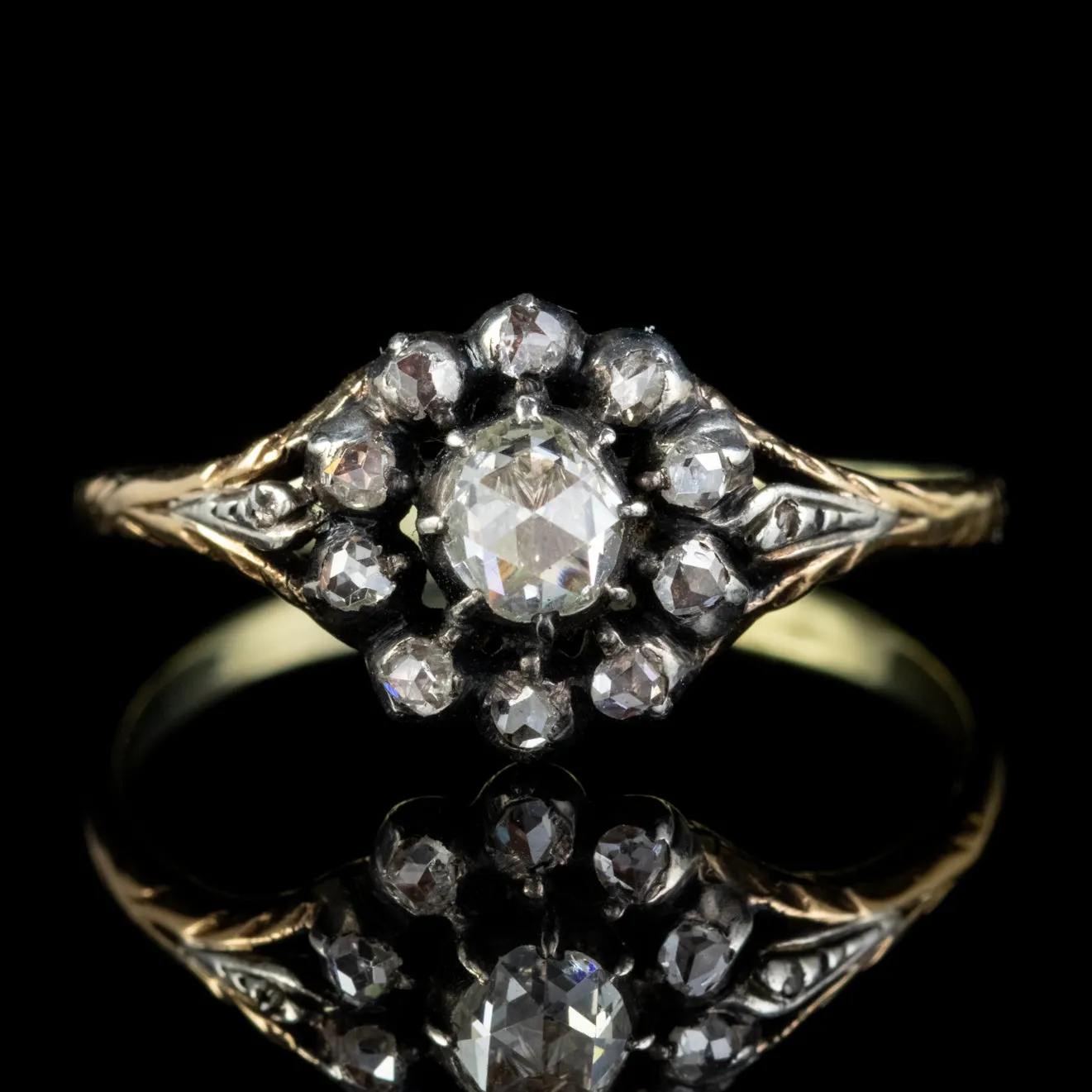 Antique Georgian 0.70Ct Rose Cut Diamond Cluster Ring 18Ct Gold Silver Circa 1800