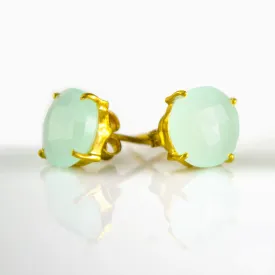 Aqua Chalcedony Round Prong Set Stud Earrings - March Birthstone