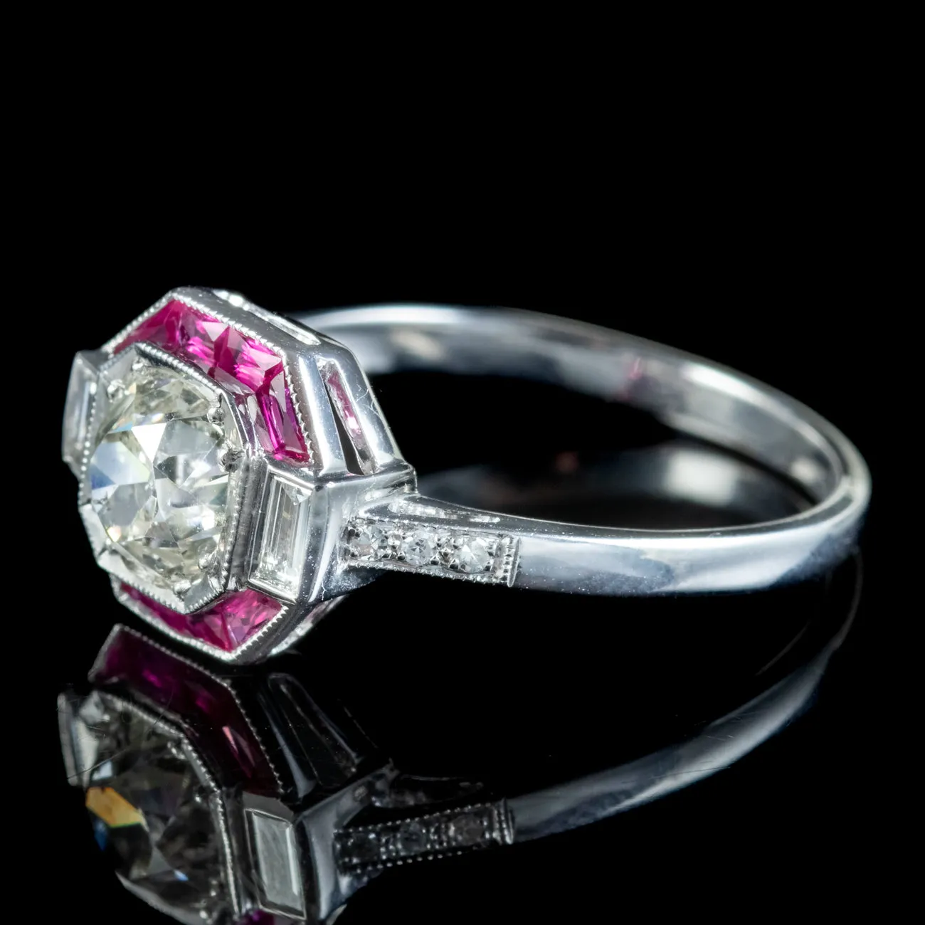 Art Deco Style Ruby Diamond Target Cluster Ring 1.20ct Of Diamond