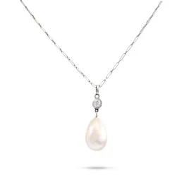 Belle Epoque French Natural Pearl Diamond Platinum and 18K White Gold Necklace