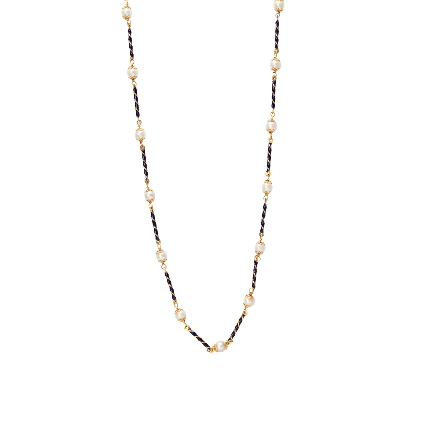 Blue Enamel Spiral Bars and Pearl Necklace