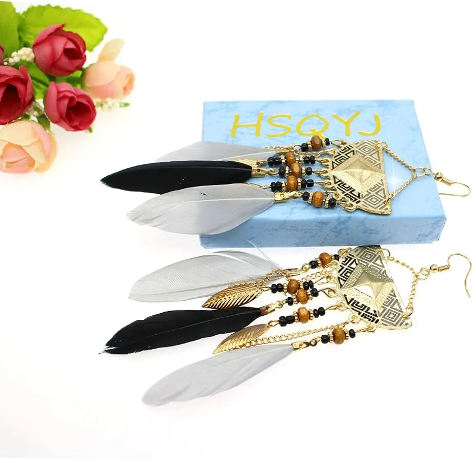 Bohemian Feather Long Earrings Boho Chic Dangle Earring Exotic Style Tassel Handmade Super Light Feather Fish Hook Earrings for Women