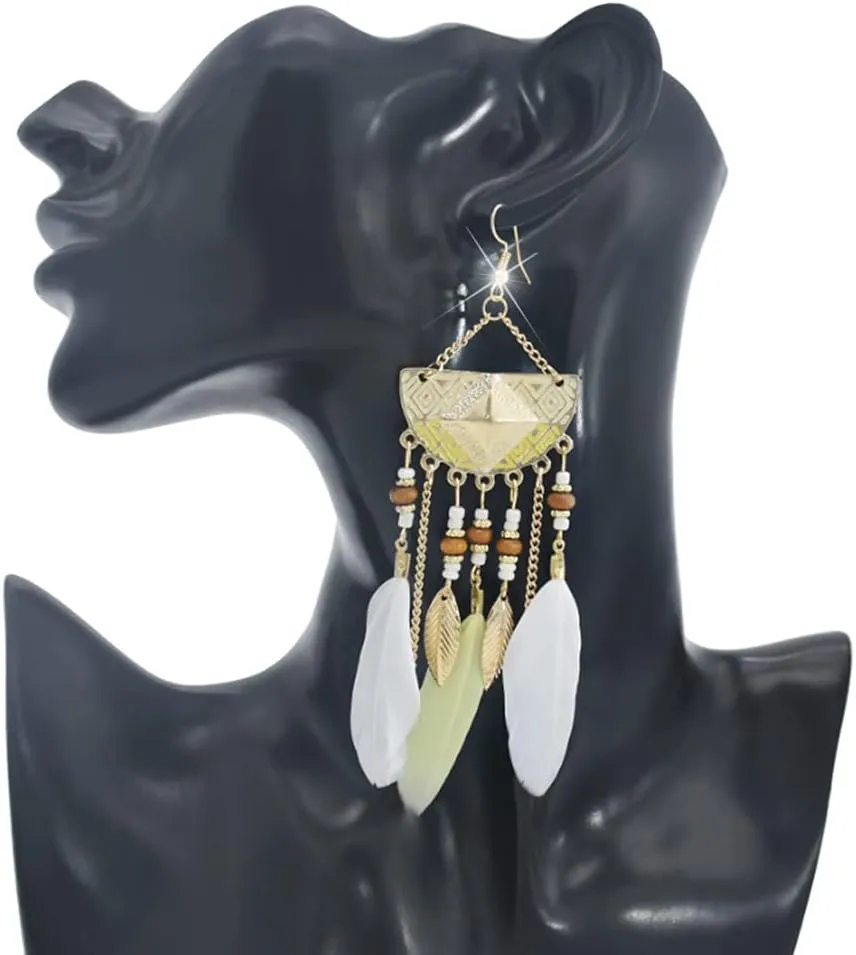 Bohemian Feather Long Earrings Boho Chic Dangle Earring Exotic Style Tassel Handmade Super Light Feather Fish Hook Earrings for Women