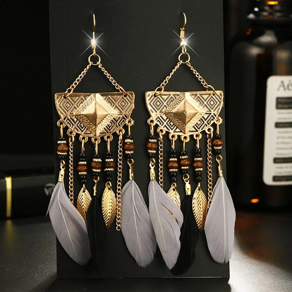 Bohemian Feather Long Earrings Boho Chic Dangle Earring Exotic Style Tassel Handmade Super Light Feather Fish Hook Earrings for Women