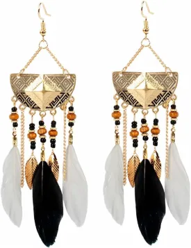 Bohemian Feather Long Earrings Boho Chic Dangle Earring Exotic Style Tassel Handmade Super Light Feather Fish Hook Earrings for Women