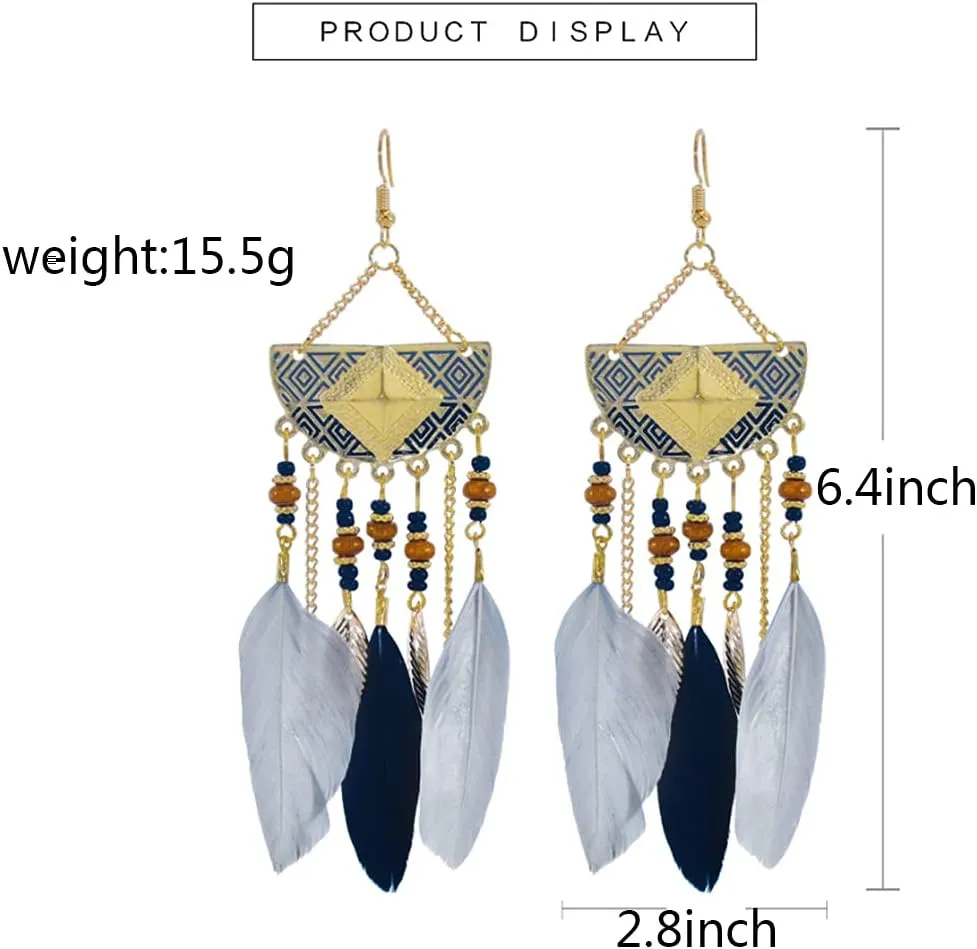 Bohemian Feather Long Earrings Boho Chic Dangle Earring Exotic Style Tassel Handmade Super Light Feather Fish Hook Earrings for Women