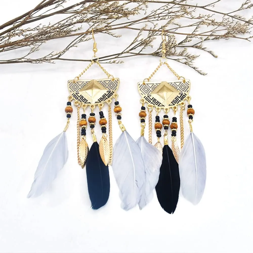 Bohemian Feather Long Earrings Boho Chic Dangle Earring Exotic Style Tassel Handmade Super Light Feather Fish Hook Earrings for Women