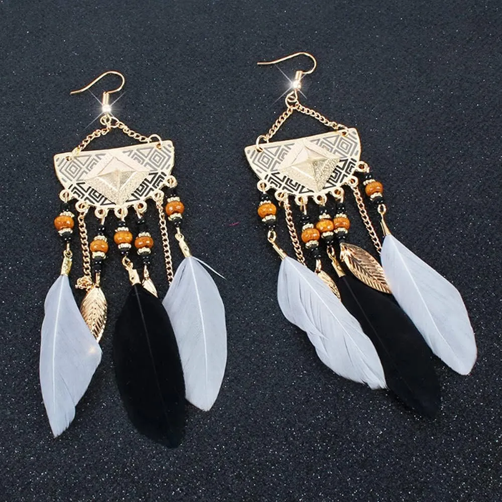 Bohemian Feather Long Earrings Boho Chic Dangle Earring Exotic Style Tassel Handmade Super Light Feather Fish Hook Earrings for Women