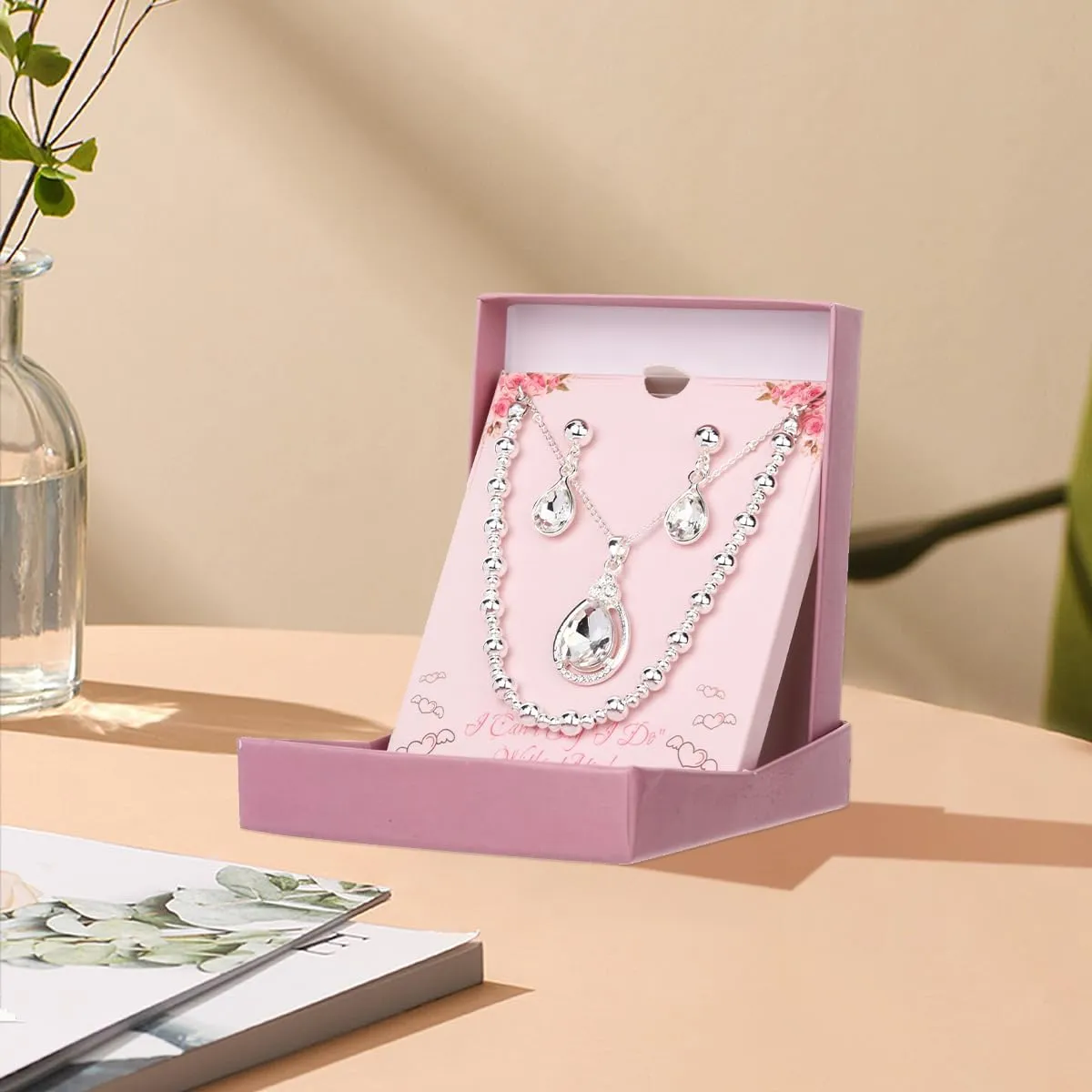 Bridesmaid Jewelry Gift Set for Women I Can't Say I Do Without You Teardrop Pendant Necklace Earrings with Copper Bead Bracelet Set for Wedding Proposal
