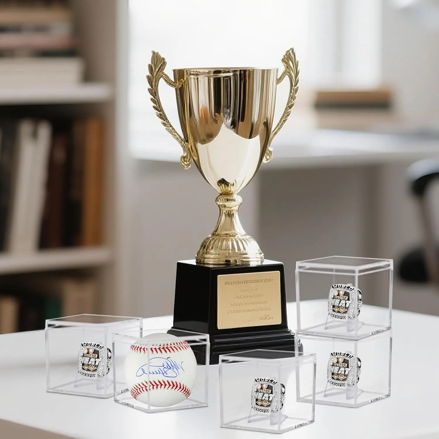 Championship Ring Display Case 12pcs Clear Acrylic Plastic Baseball Display Case Small Showcase with Mini Card Stand Holder Square Storage Box for Jewelry Sport Ring Candy Box