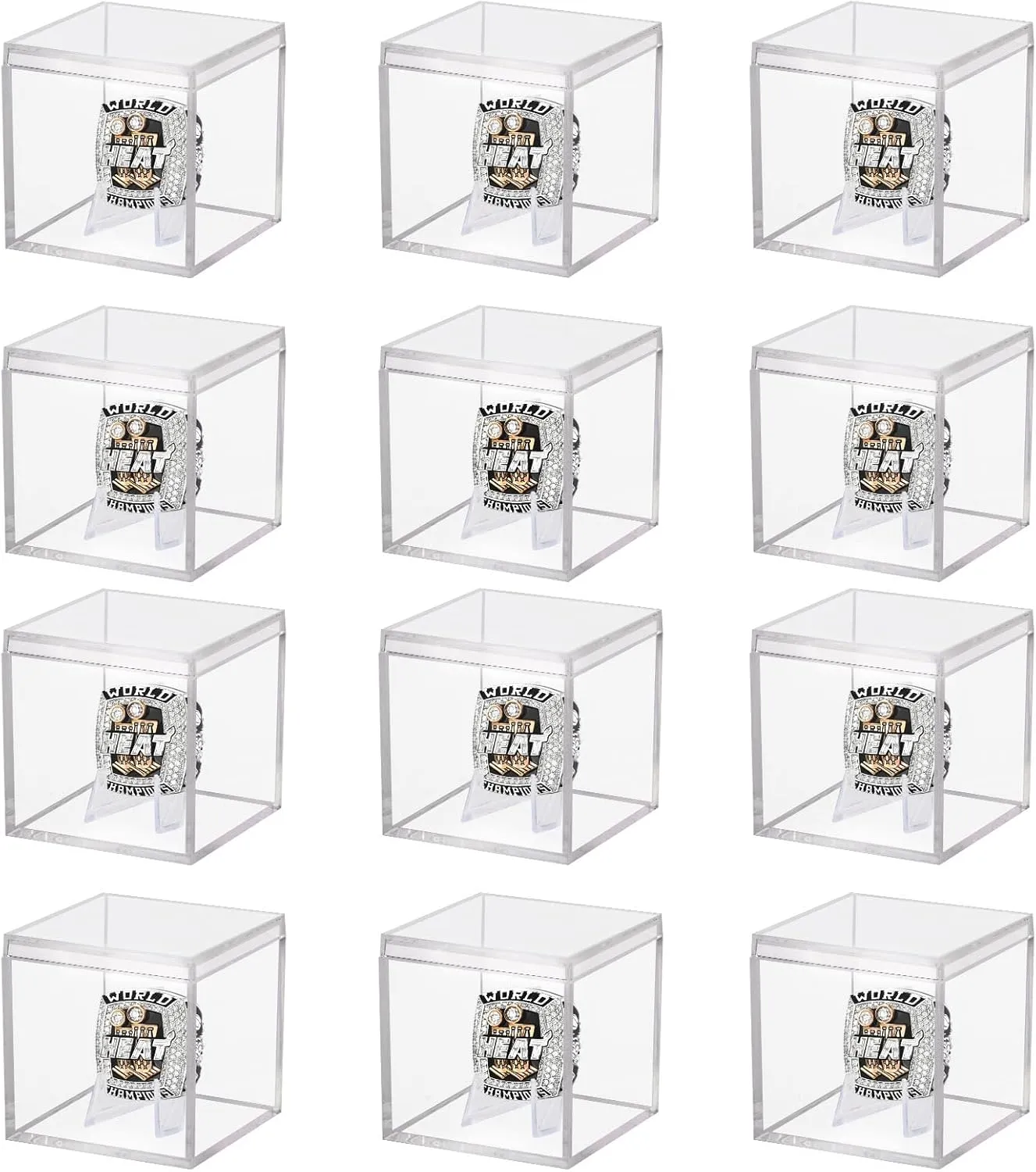 Championship Ring Display Case 12pcs Clear Acrylic Plastic Baseball Display Case Small Showcase with Mini Card Stand Holder Square Storage Box for Jewelry Sport Ring Candy Box