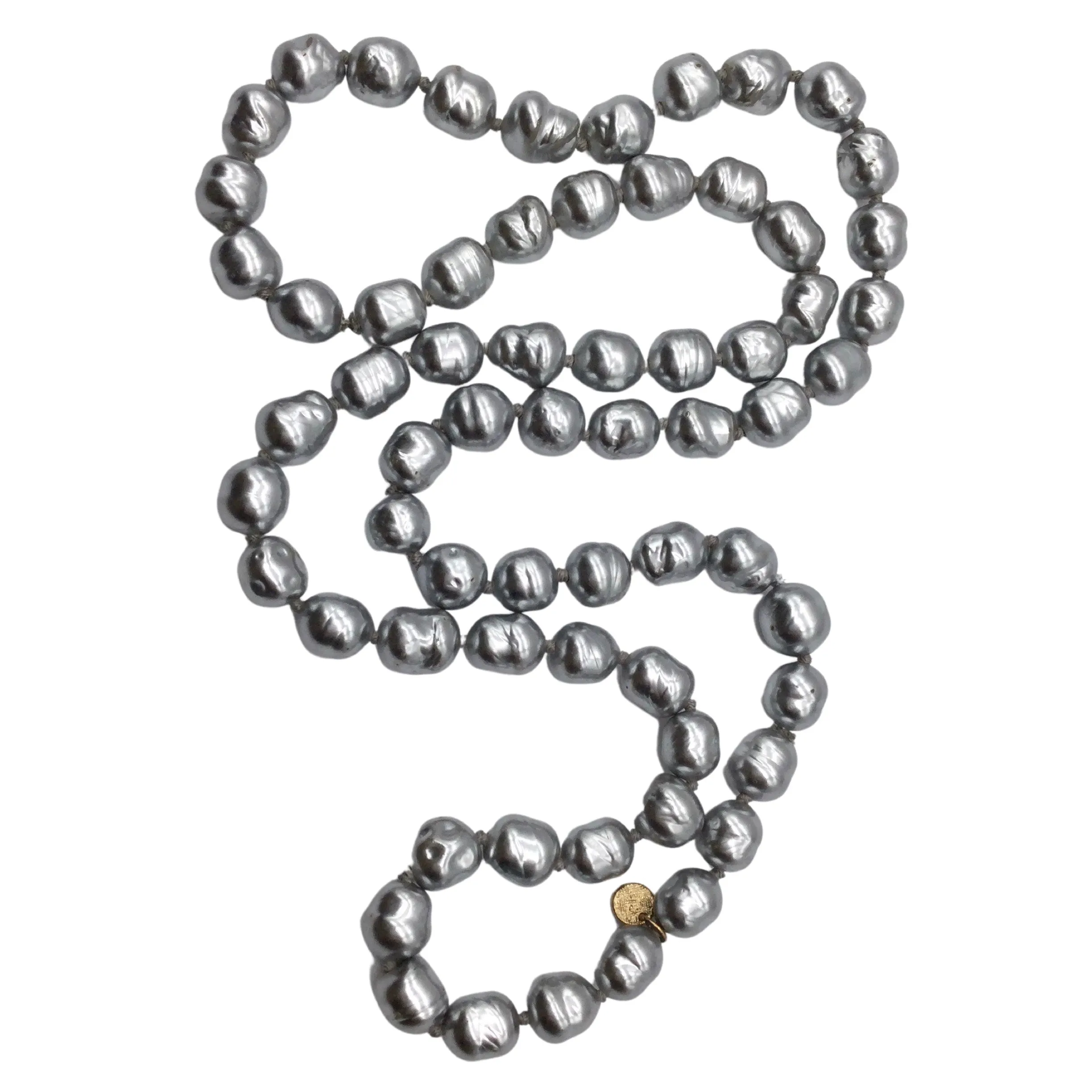 Chanel Silver Metallic Vintage 1981 Chunky Pearl Long Necklace