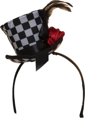 Checkered Mini Top Hat Headband with Feathers & Flower