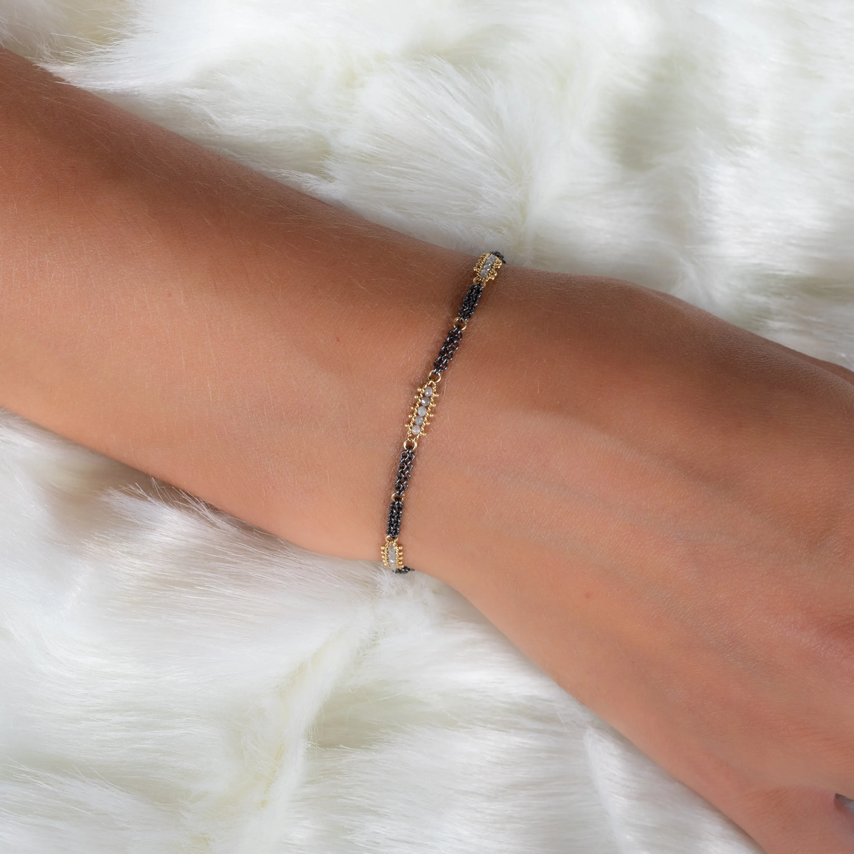 Contrast Textile Station Bracelet in Silver Diamond