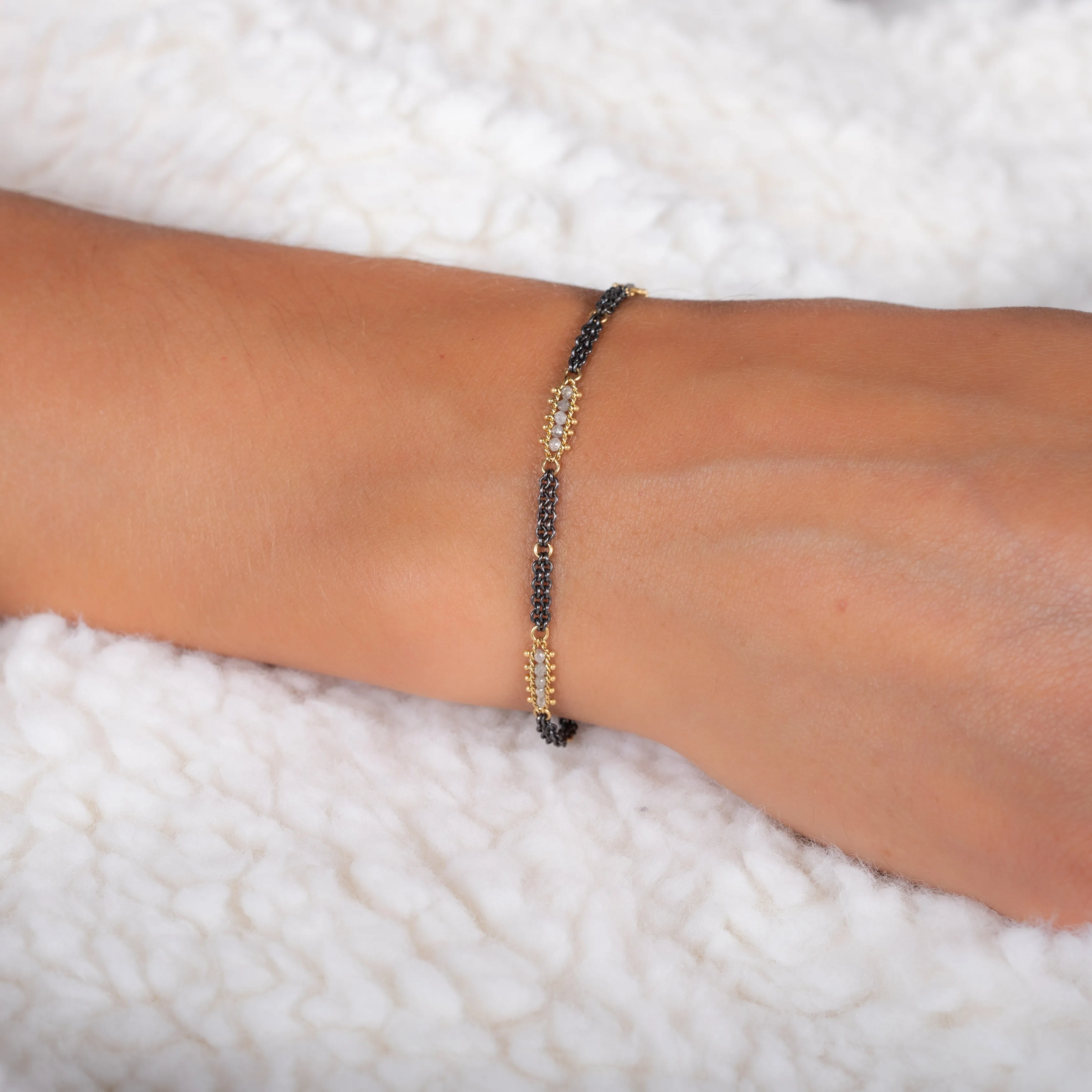 Contrast Textile Station Bracelet in Silver Diamond