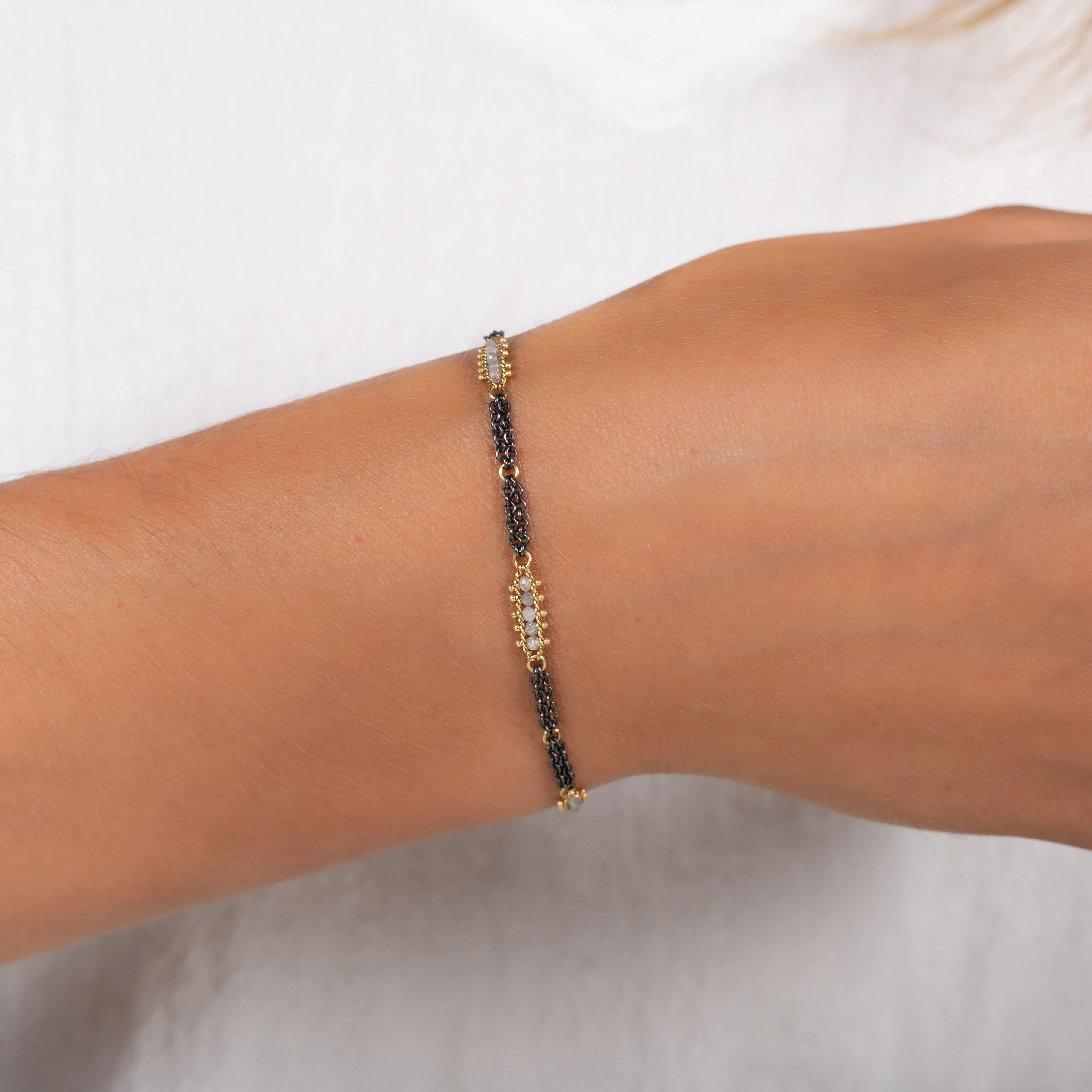 Contrast Textile Station Bracelet in Silver Diamond