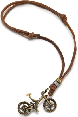 COOLSTEELANDBEYOND Mens Vintage Bronze Bike Bicycle Pendant Necklace Brown Leather Cord, Unique Rustic Boho Jewelry