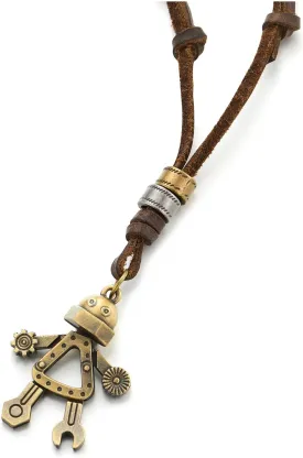 COOLSTEELANDBEYOND Steampunk Robot Pendant Antique Bronze Finish Leather Necklace for Men Brown Adjustable Leather Cord