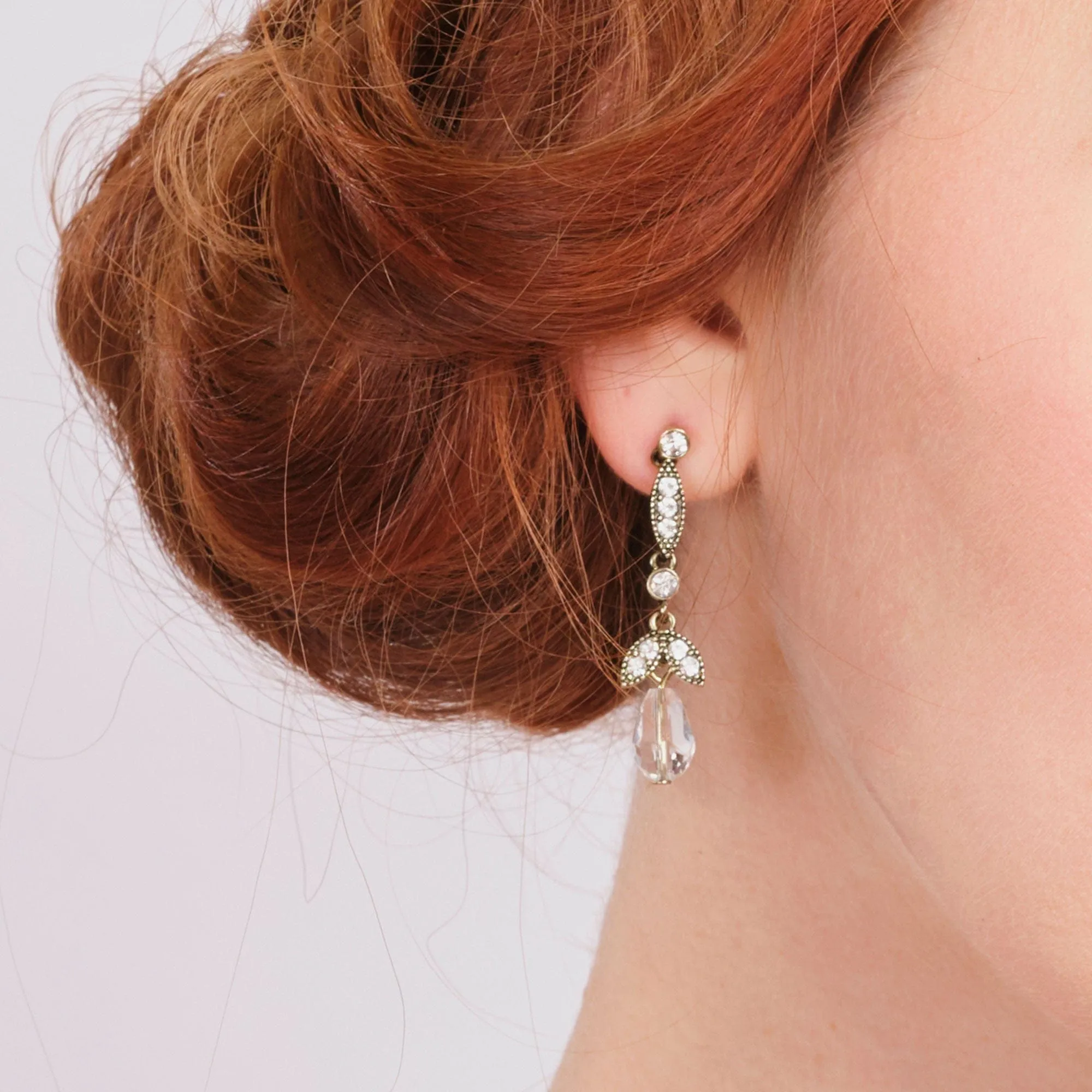 Diamante Drop Earrings: Lula Crystal Glass Drop Earrings on antique brass