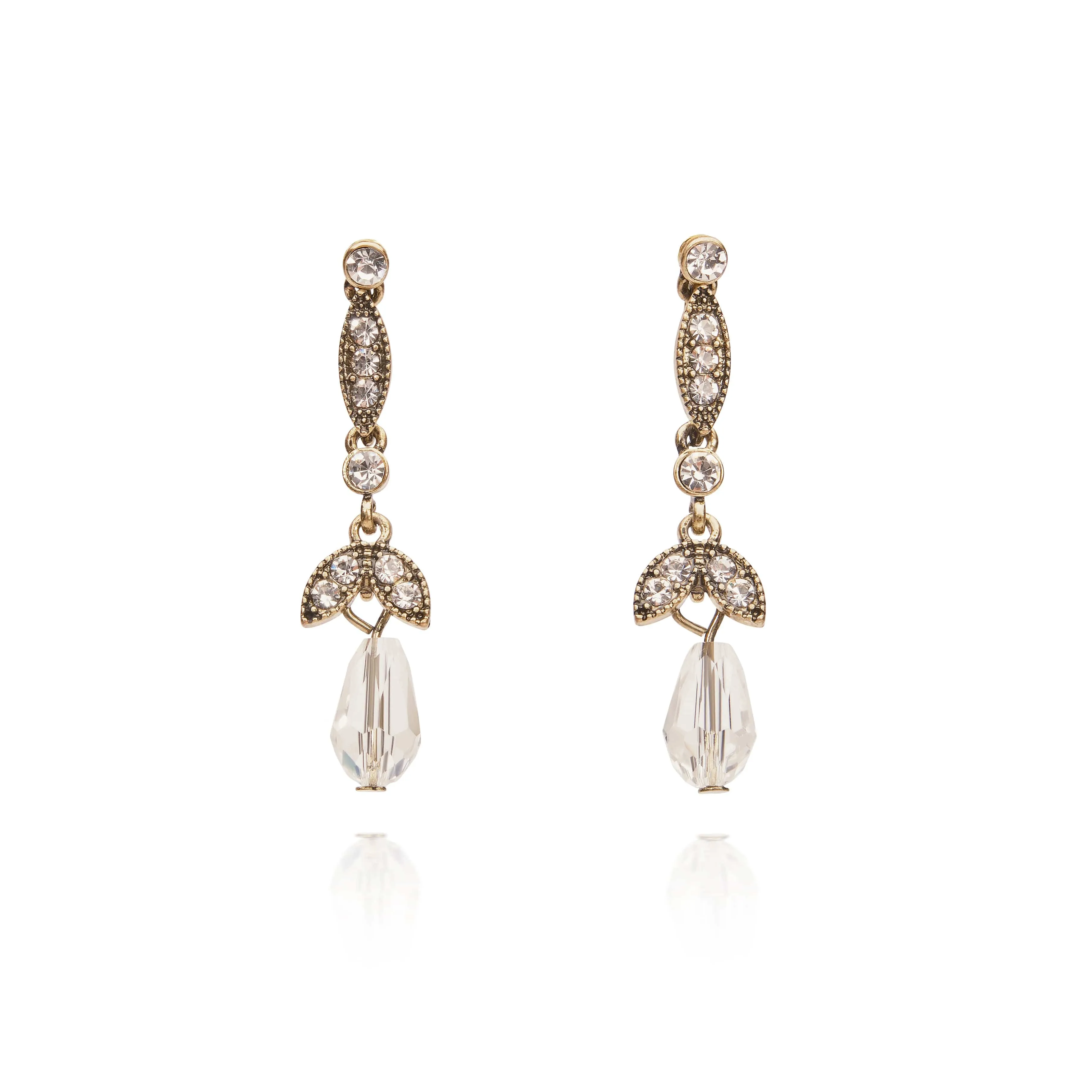 Diamante Drop Earrings: Lula Crystal Glass Drop Earrings on antique brass
