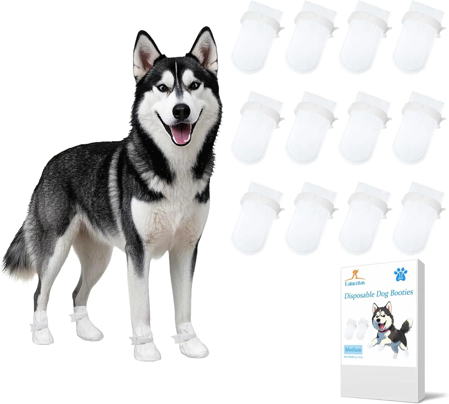 Disposable Dog Paw Protectors, 12-Pack Trial Waterproof Booties with Adjustable Reusable Straps, Lightweight Non-Woven Dog Foot Covers for Medium Large Dogs, Prevents Licking & Dirt (M-12)