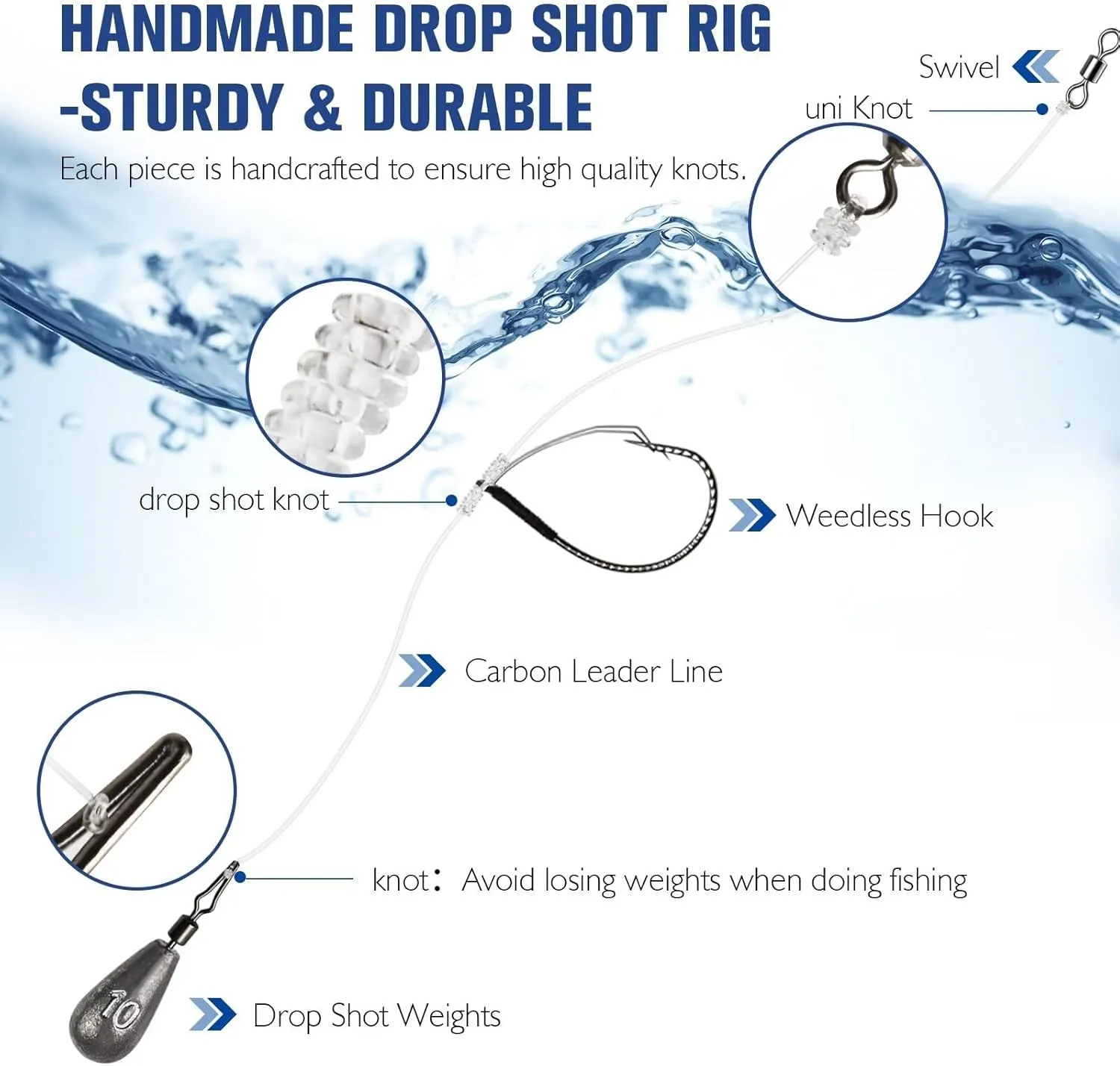 Dovesun 5PCS Ready Tied Drop Shot Rigs for Bass Fishing Drop Shot Hooks Fishing Rigs with Weights, Swivel, Fluorocarbon Line, Weedless Hooks #1 1/0 2/0