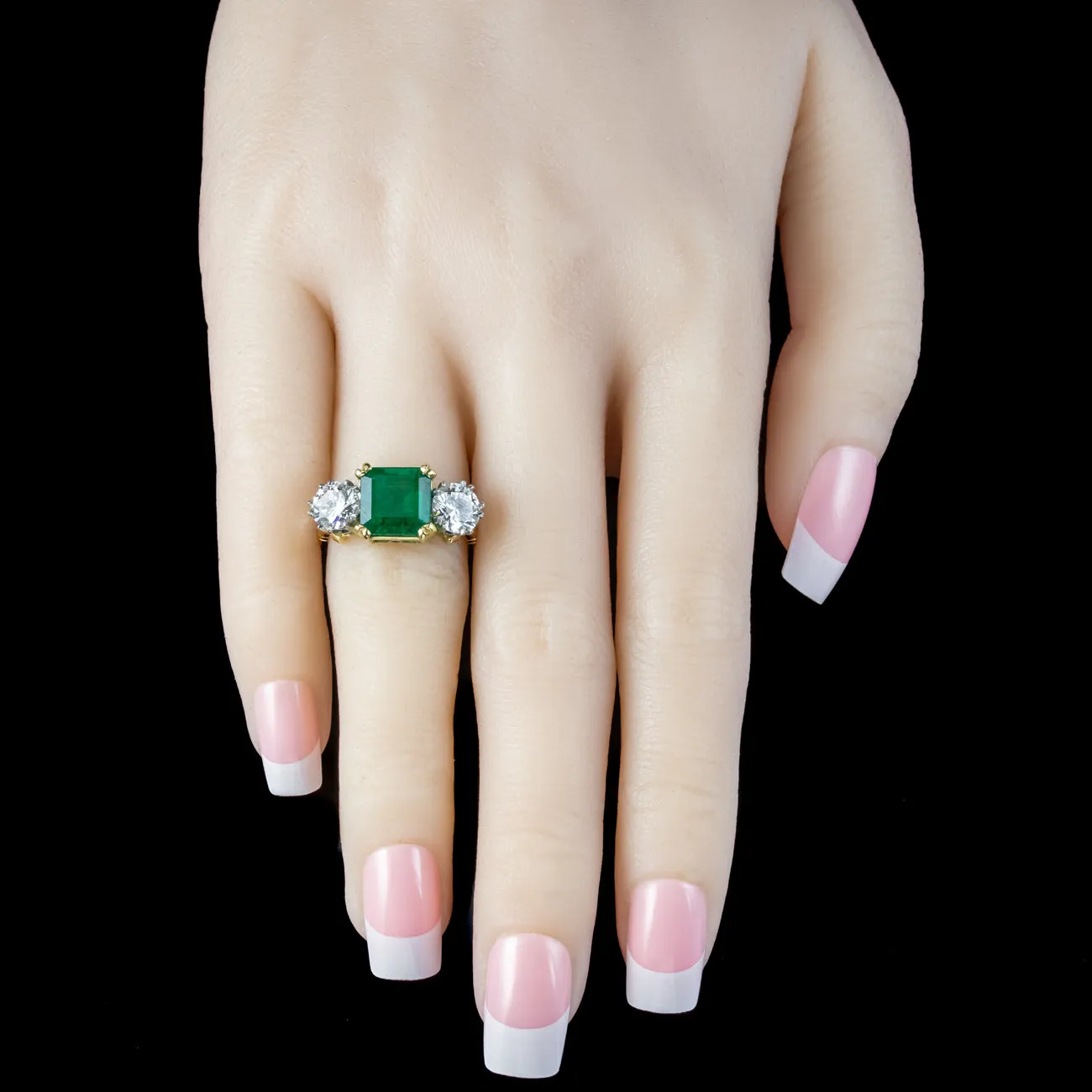Edwardian Style Emerald Diamond Trilogy Ring 3.39ct Emerald 1.95ct Diamond With Cert