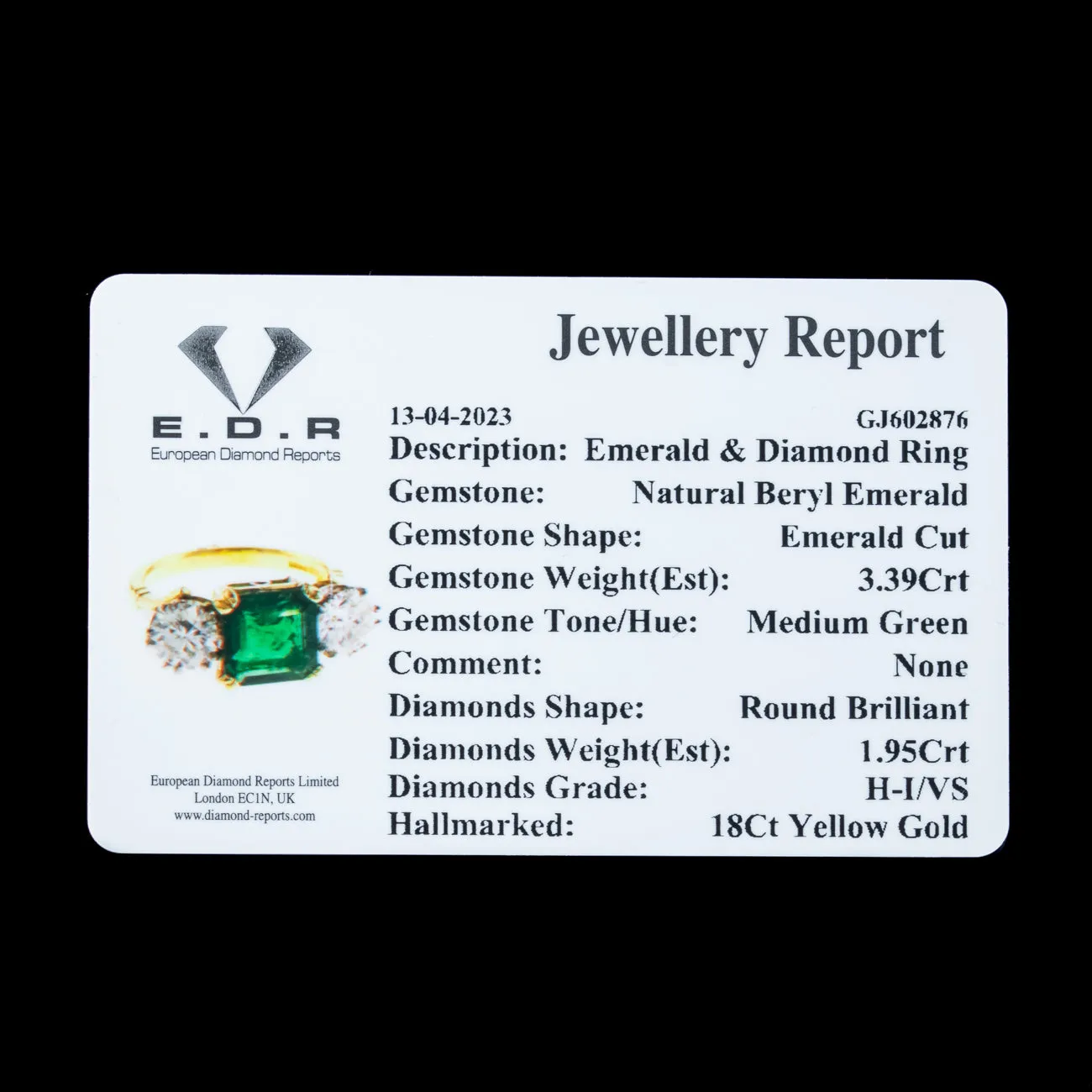 Edwardian Style Emerald Diamond Trilogy Ring 3.39ct Emerald 1.95ct Diamond With Cert