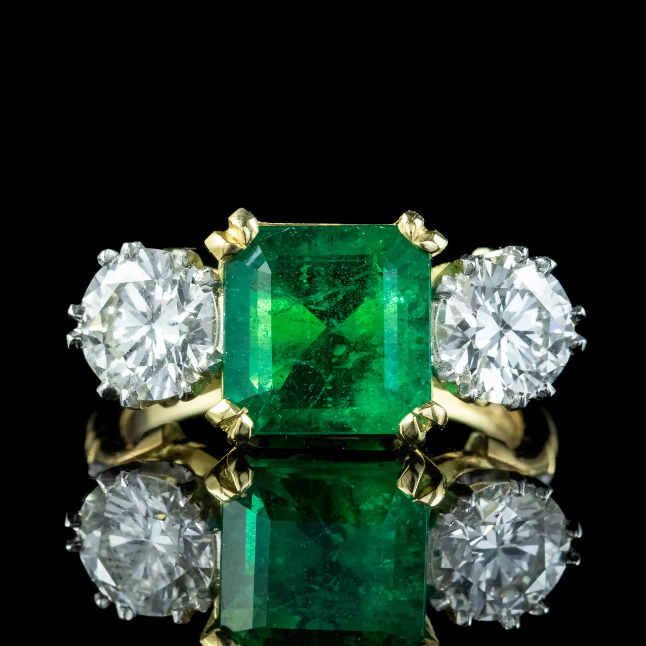 Edwardian Style Emerald Diamond Trilogy Ring 3.39ct Emerald 1.95ct Diamond With Cert
