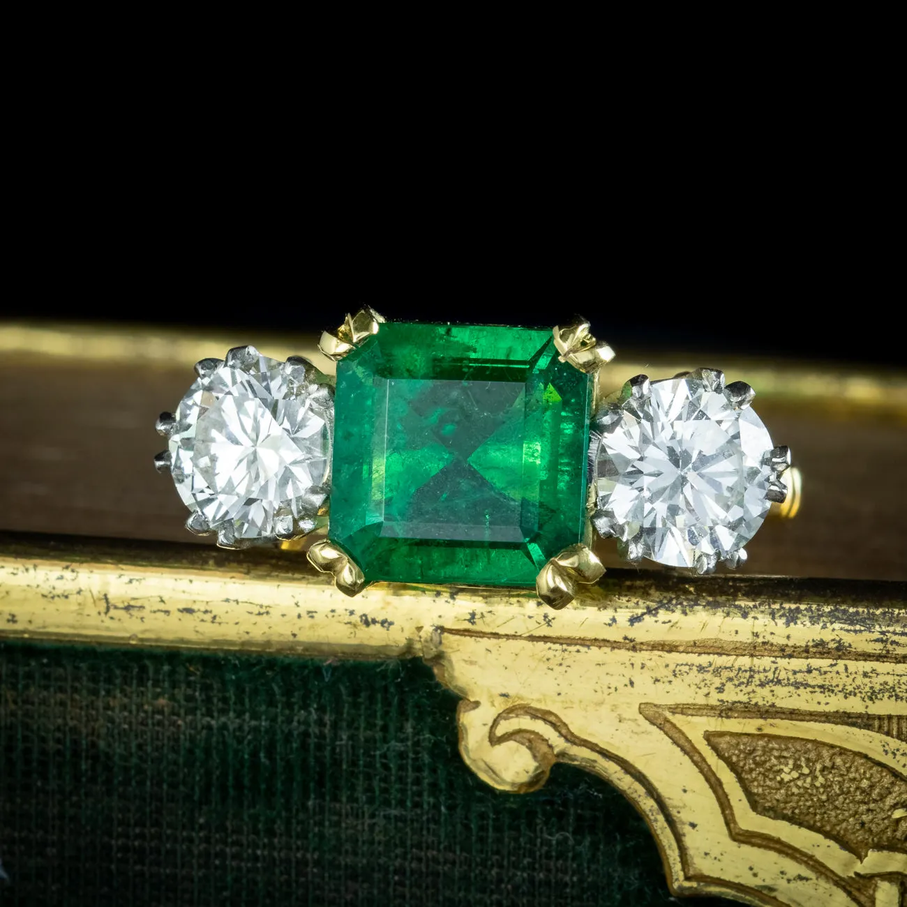 Edwardian Style Emerald Diamond Trilogy Ring 3.39ct Emerald 1.95ct Diamond With Cert