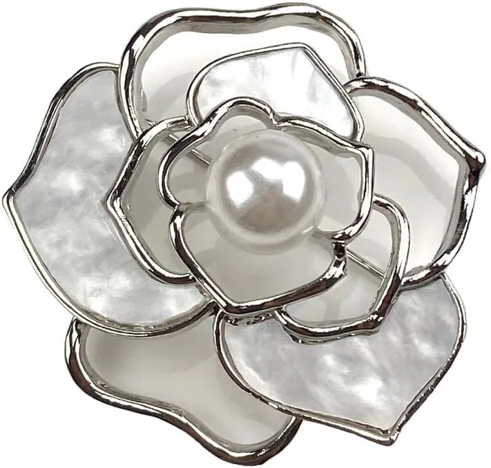 Elegant Pearl Camellia Flower Brooch For Women Lady Wedding Party Vintage Badges Lapel Pin Coat T-shirt Dress Clothing Accessories Jewelry Gift