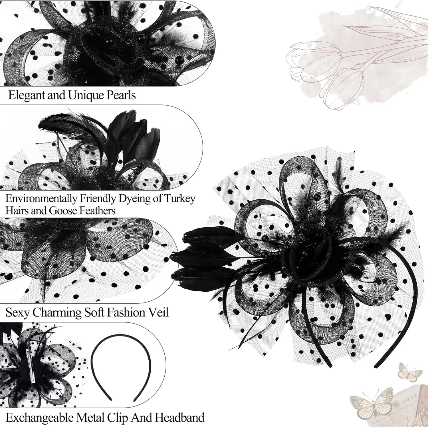 Fascinators Hats for Women Flower Mesh Ribbons Feathers on a Headband and a Clip Tea Party Headwear for Women
