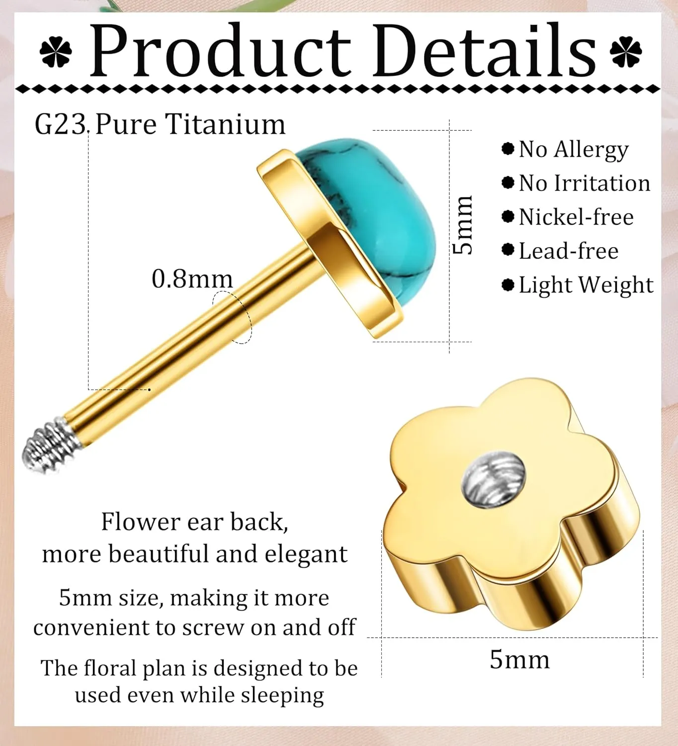 G23 Titanium Handmade Turquoise Stud Earrings for Sensitive Skin Hypoallergenic Women Flat Back Nap Earrings Studs 20G Screw Back Cartilage Stud Earrings Gold Light Blue