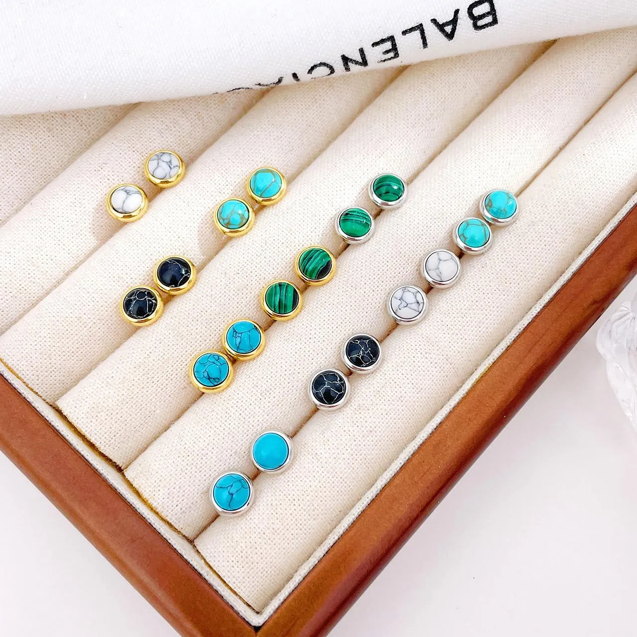G23 Titanium Handmade Turquoise Stud Earrings for Sensitive Skin Hypoallergenic Women Flat Back Nap Earrings Studs 20G Screw Back Cartilage Stud Earrings Gold Light Blue