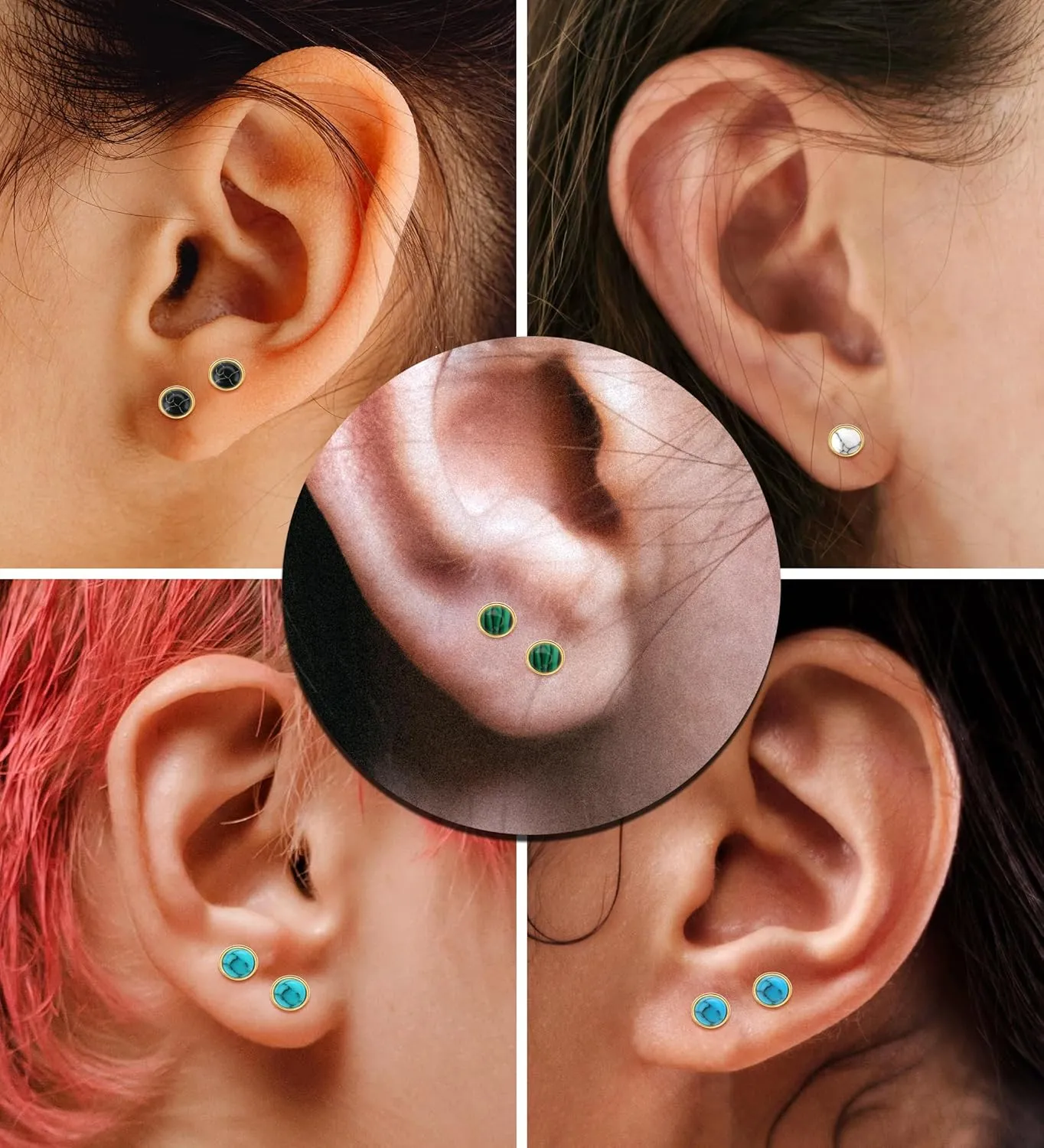 G23 Titanium Handmade Turquoise Stud Earrings for Sensitive Skin Hypoallergenic Women Flat Back Nap Earrings Studs 20G Screw Back Cartilage Stud Earrings Gold Light Blue