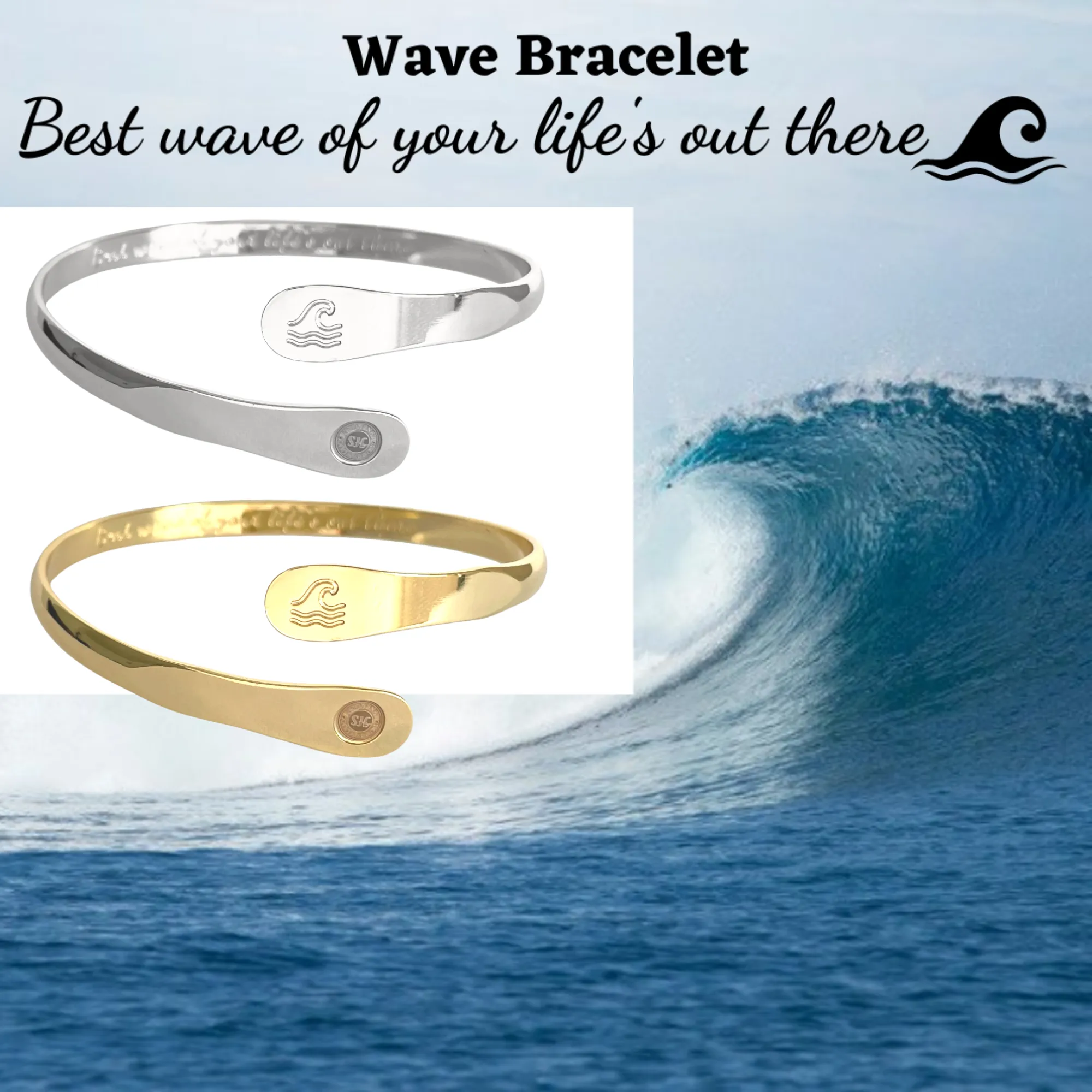 Gold Wave Bracelets, Surfers Bracelets, Ocean Bracelets,  Engraved Best wave of your life's out there Bracelets
