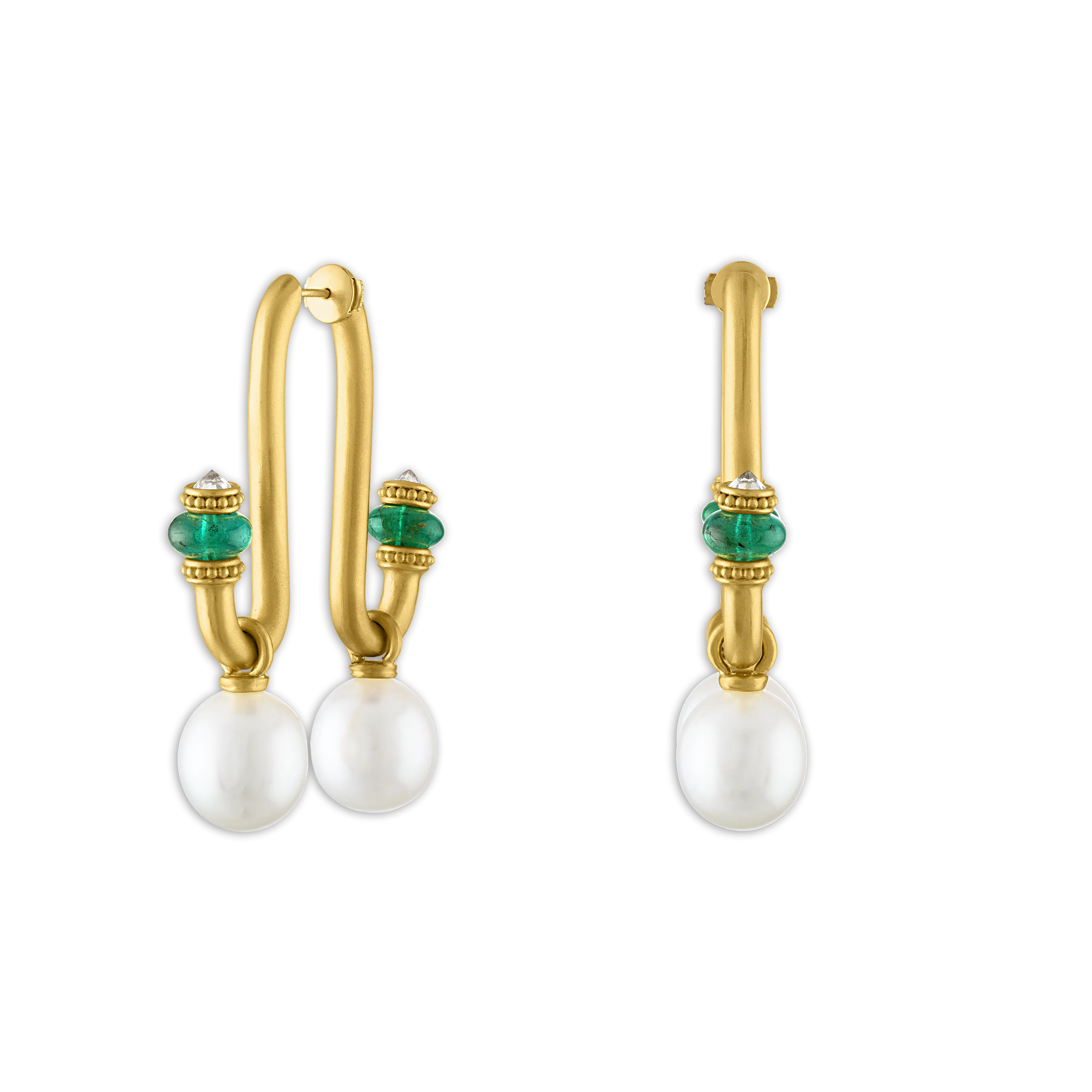 Large South Sea Pearl, Emerald, and Old Mine Diamond Tuba Earrings