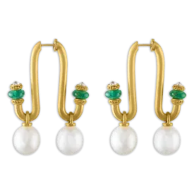 Large South Sea Pearl, Emerald, and Old Mine Diamond Tuba Earrings