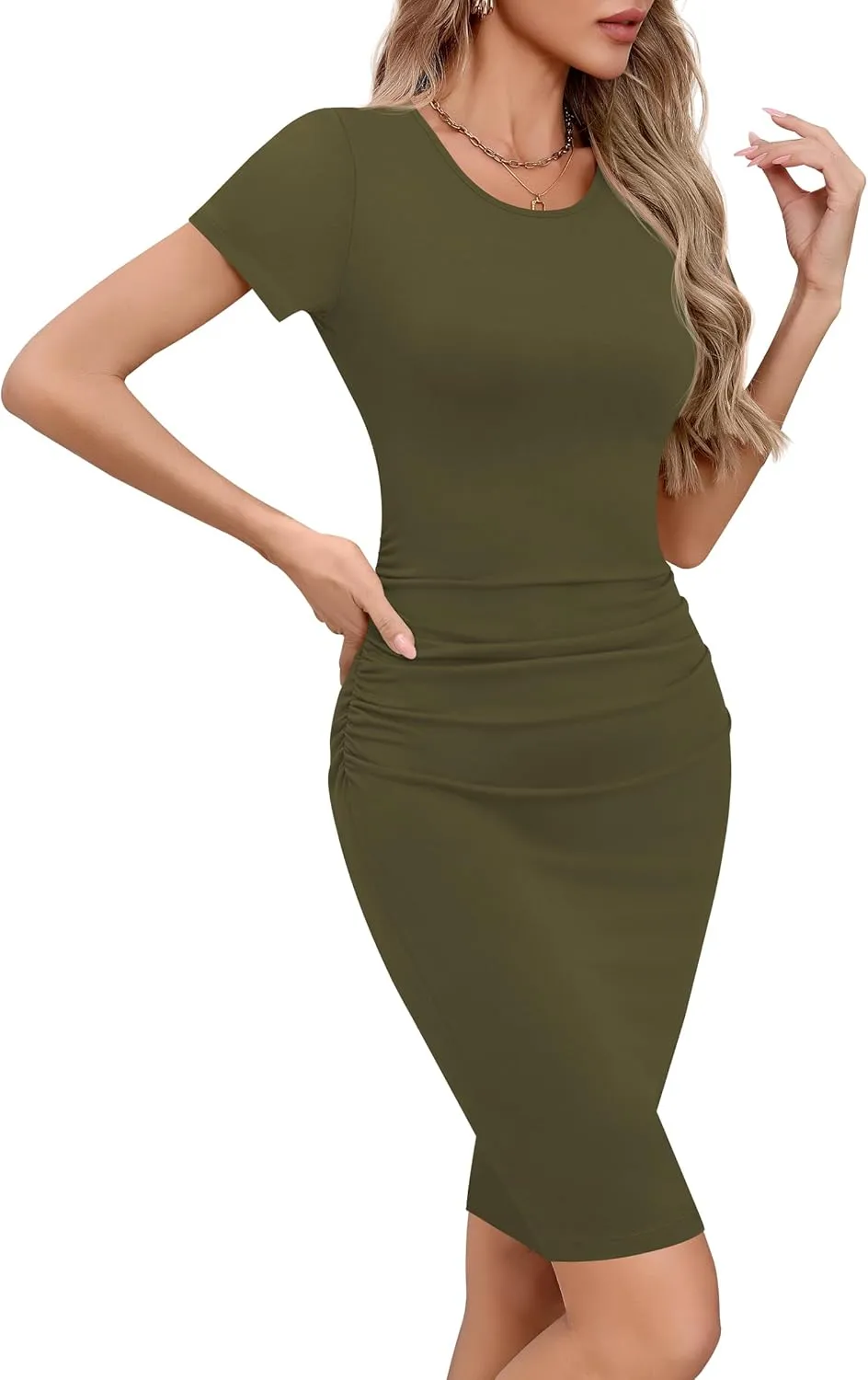 Missufe Women's Long Sleeve Slim Ruched Bodycon Dress 2025 Trendy Fall Casual Round Neck Sheath Knee Length Outfits Clothes