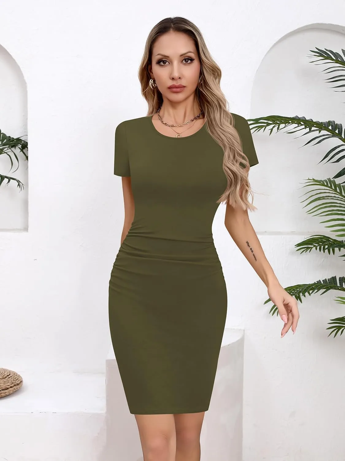 Missufe Women's Long Sleeve Slim Ruched Bodycon Dress 2025 Trendy Fall Casual Round Neck Sheath Knee Length Outfits Clothes