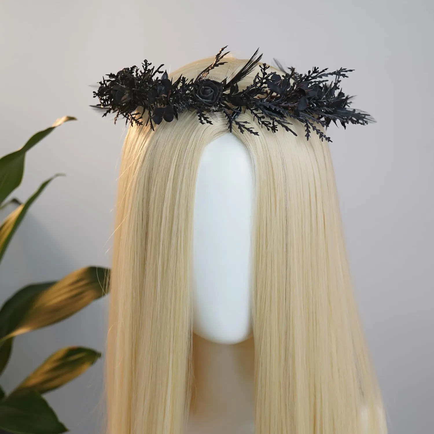 MOSTORY Black Gothic Flower Crown - Dark Floral Fairy Headpiece with Feather for Women Goth Wedding Witch Aesthetic Cosplay