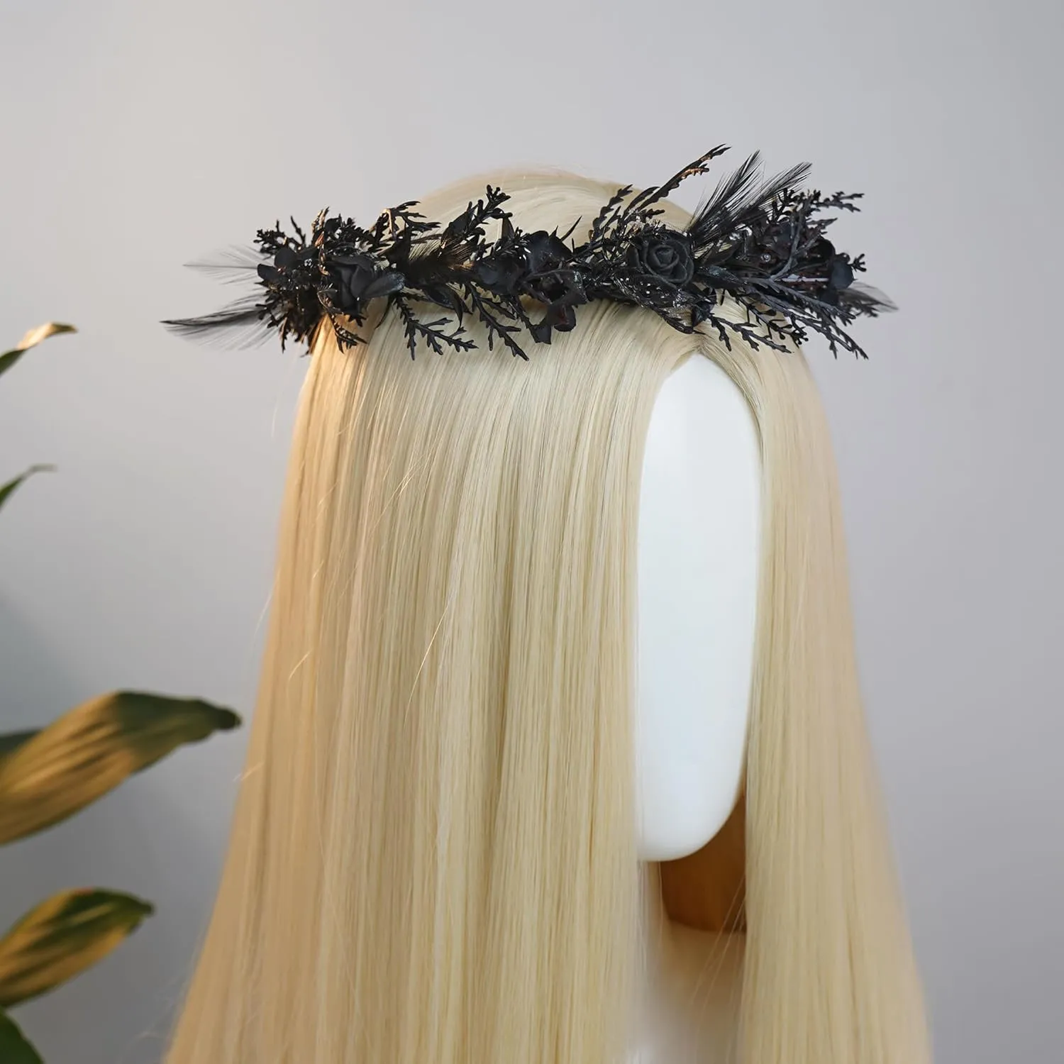 MOSTORY Black Gothic Flower Crown - Dark Floral Fairy Headpiece with Feather for Women Goth Wedding Witch Aesthetic Cosplay