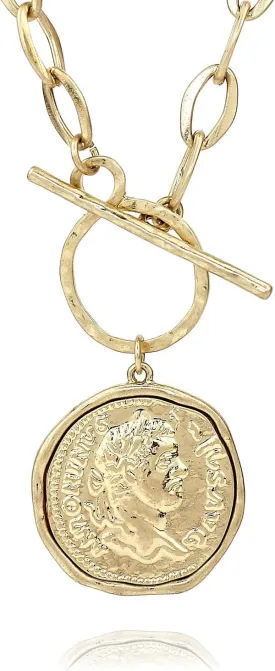 POMINA Chunky Coin Fashion Gold Necklace Trendy Statement Toggle Necklaces Women Antique Gold Coin Pendant Thick Link Chain Layered Gold Necklaces for Women